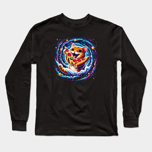 Funny Orange Cat eating Pizza in Space Long Sleeve T-Shirt by dukito